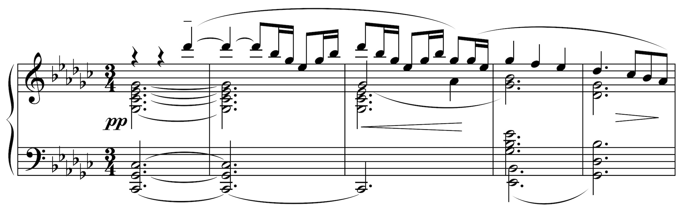 La fille aux cheveux de lin, Hauptmotiv im Klaviersatz, Takt 28-32
